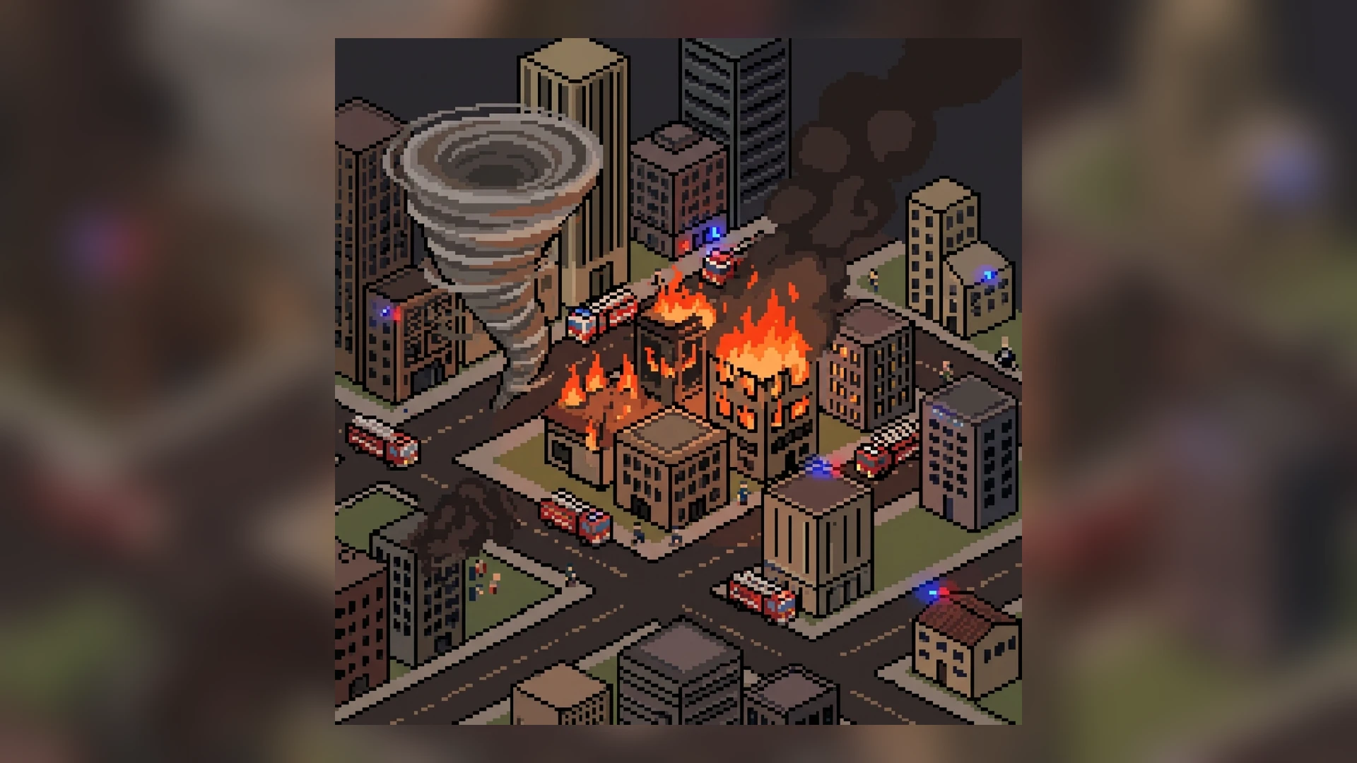 Pixel art city on fire with tornado
