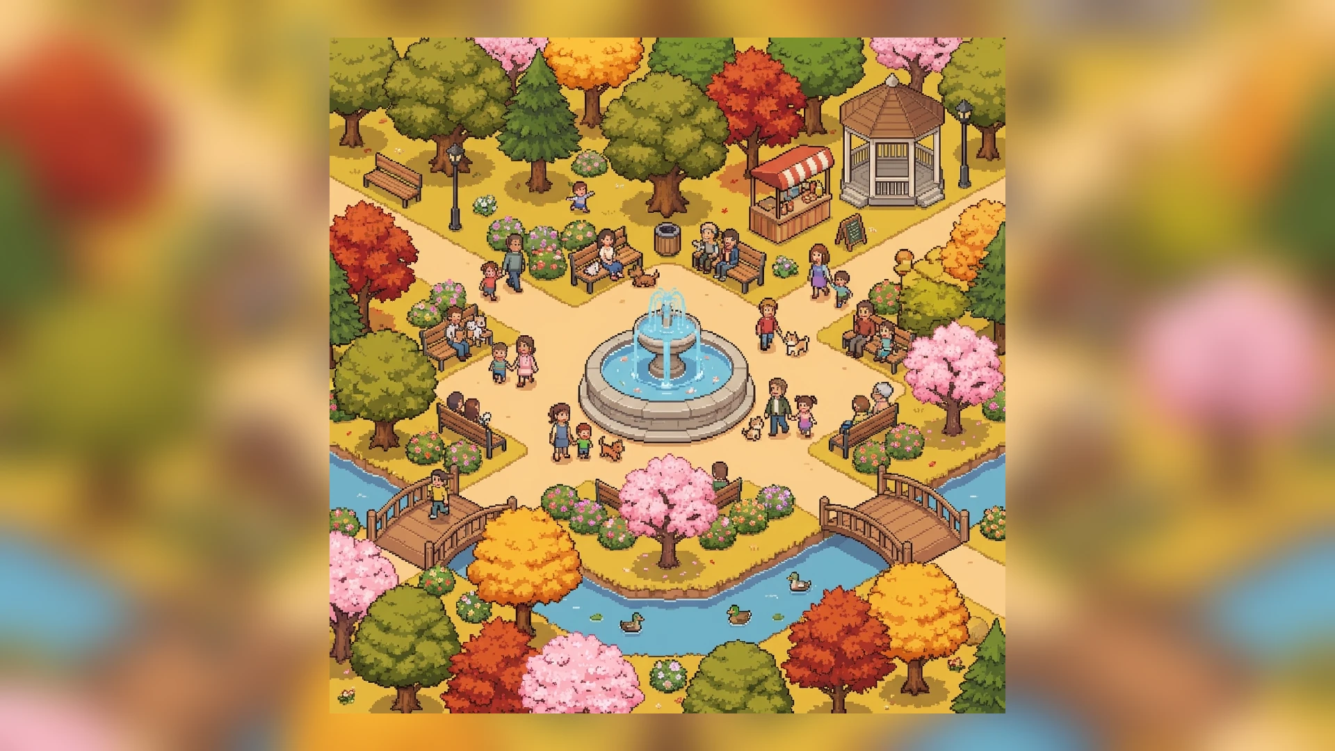 Happy pixel art citizens in a park