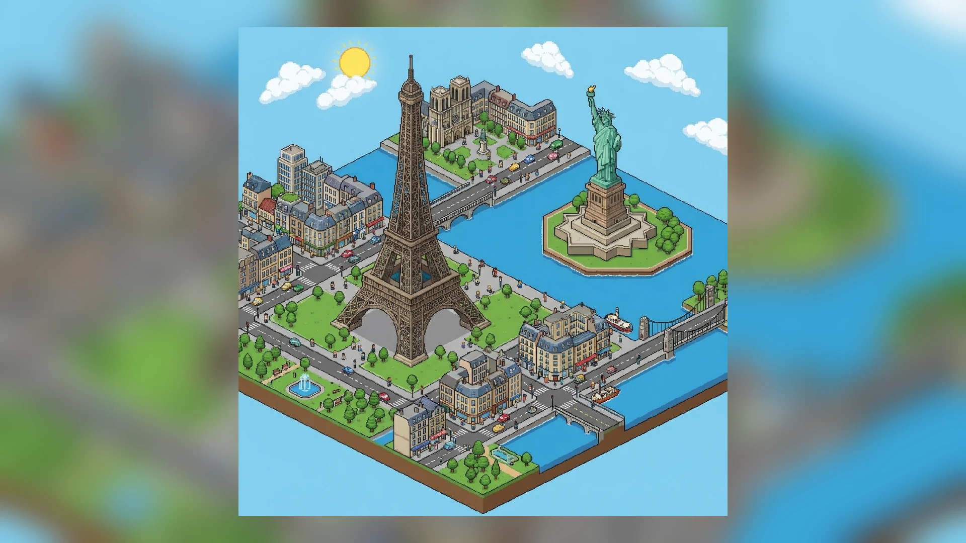 Pixel art Eiffel Tower and Statue of Liberty