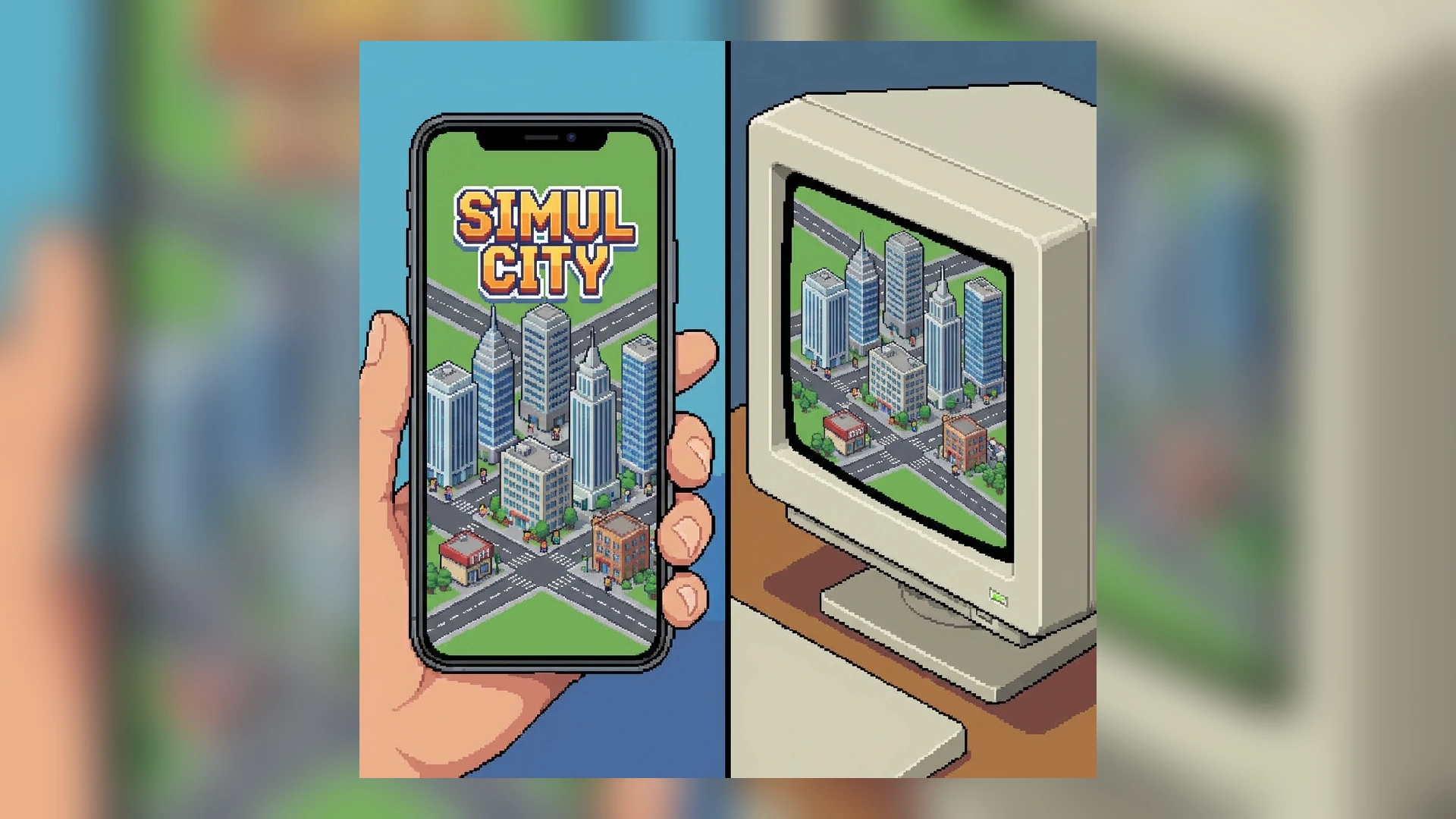 Split screen pixel art showing phone and monitor