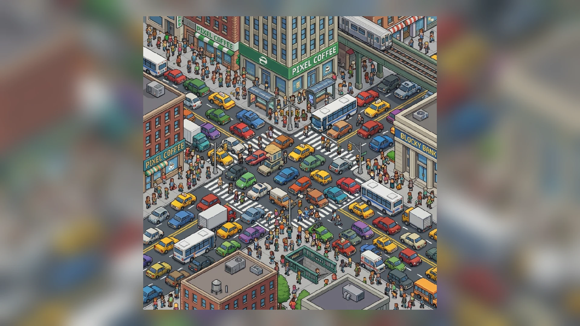 Busy city intersection pixel art